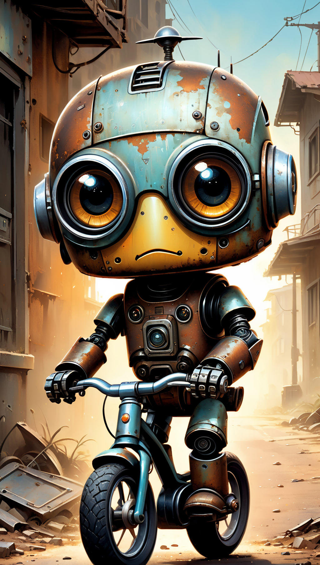 03203-39399885-sci-fi art, cartoon caricature chibi cuteness overload, rusty distressed texture, adorable small robot rides a bicycle, post apo.png